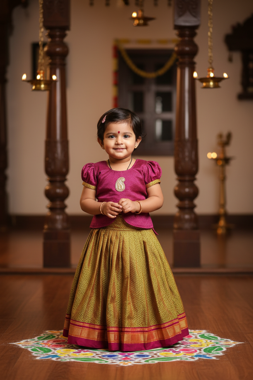 South indian look Parrot green & Pink Parkar Polka