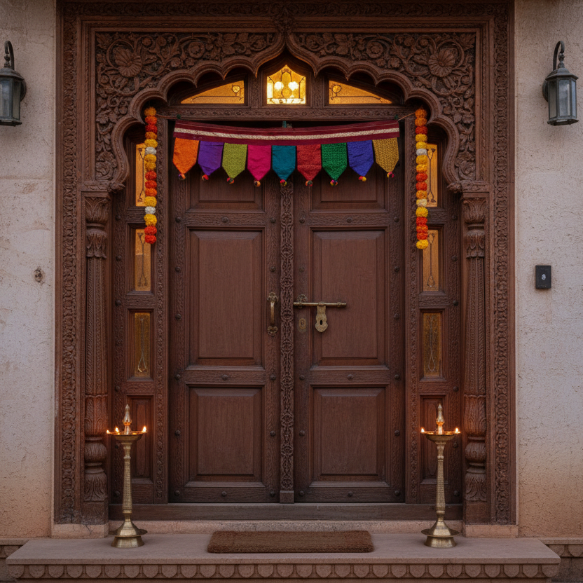 Decorative wooden door with colorful Toran and lit candles on a stone platform.