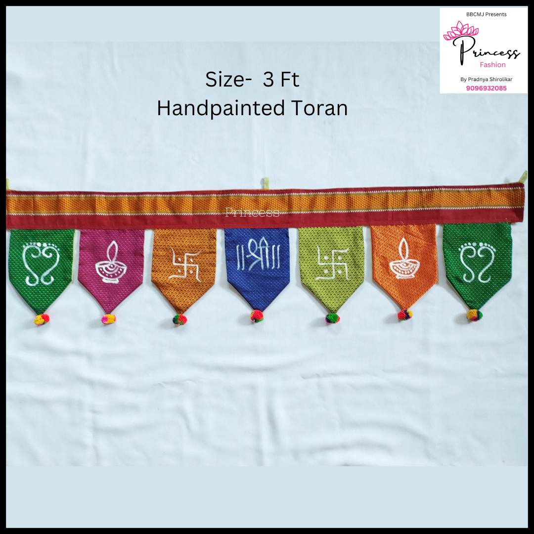 A multicolored handpainted toran with floral patterns and geometric shapes, featuring decorative elements commonly found in Indian home decor.