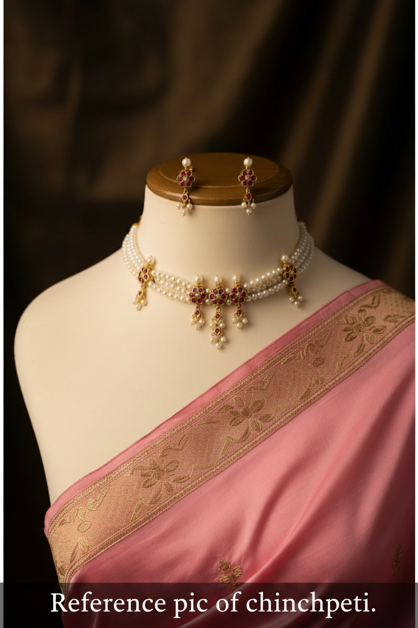 A pink silk saree with a gold embroidered border displayed on a mannequin torso, styled with a pearl and gold choker necklace and matching earrings on a wooden stand.