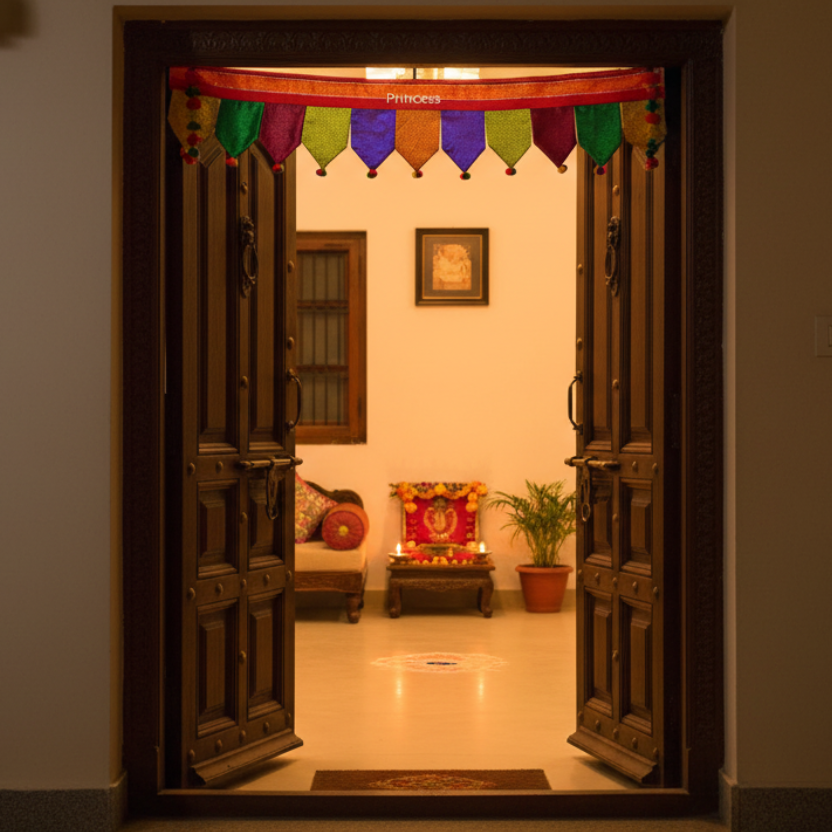 A multicolored khun toran with cotton lining, featuring a series of pennants with the word 'Princess' and colorful embellishments, displayed against a white background.