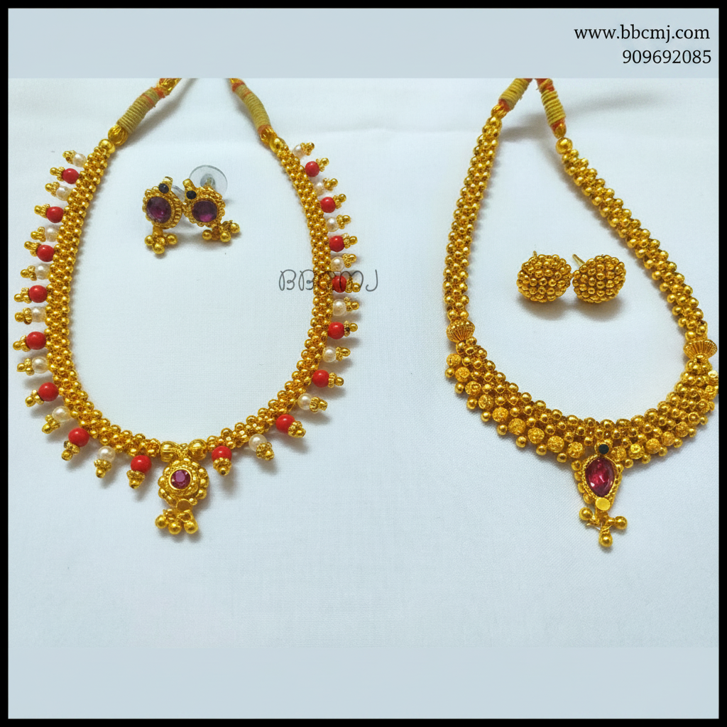 Two sets of traditional Indian jewelry, consisting of thushi necklaces and earrings, with one set featuring a gold-colored coating and the other with a silver-colored coating, displayed against a white background.