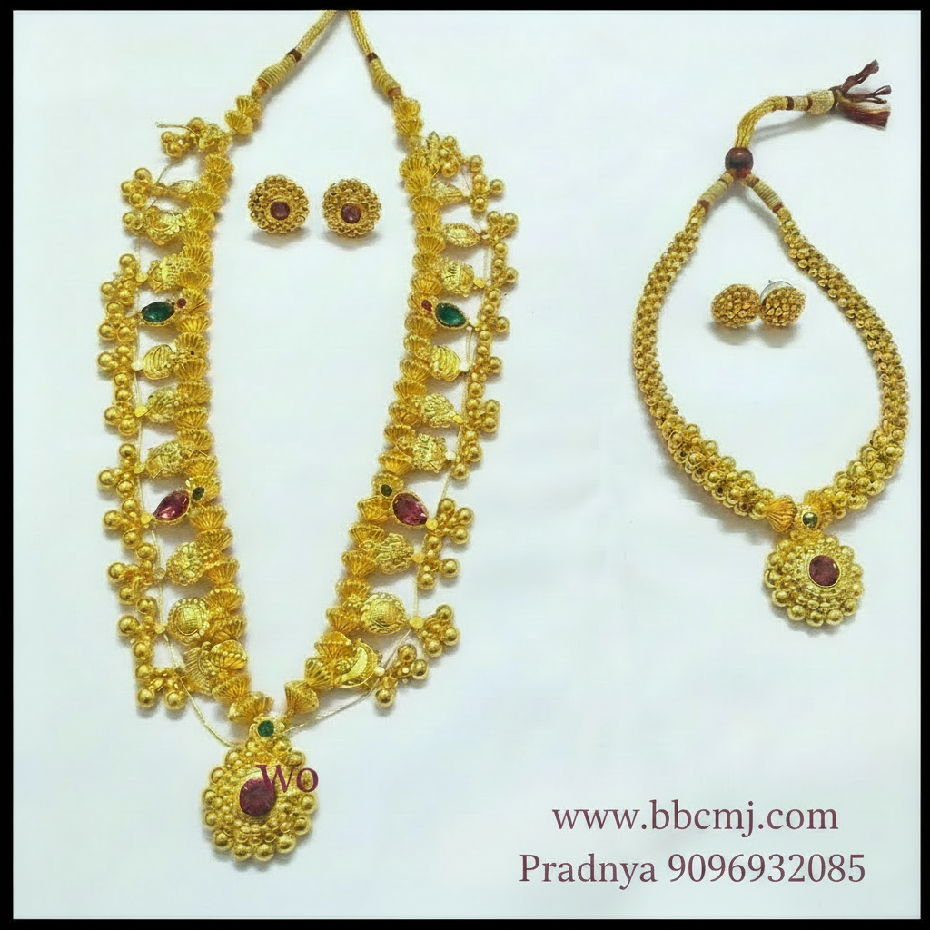 A set of gold-coated jewelry including a saaj with floral patterns, a thushi with a red stone, and a pair of matching earrings, all laid out on a white surface.