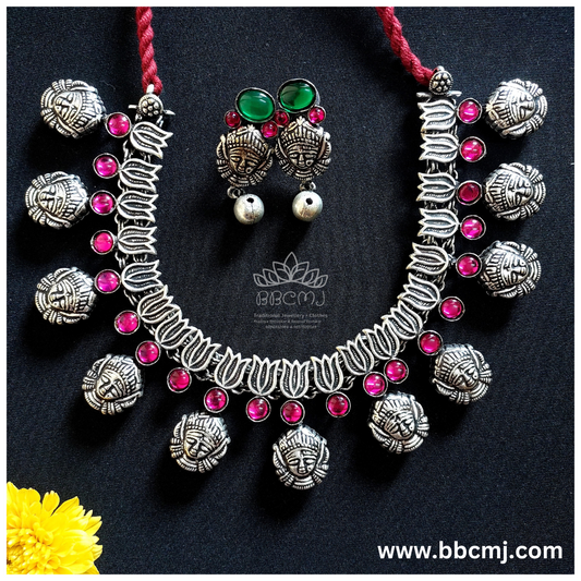 Laxmi stone necklace set in Real silver Coated