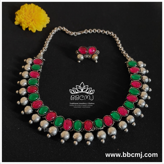 Green Pink stones & Real silver Coated necklace set