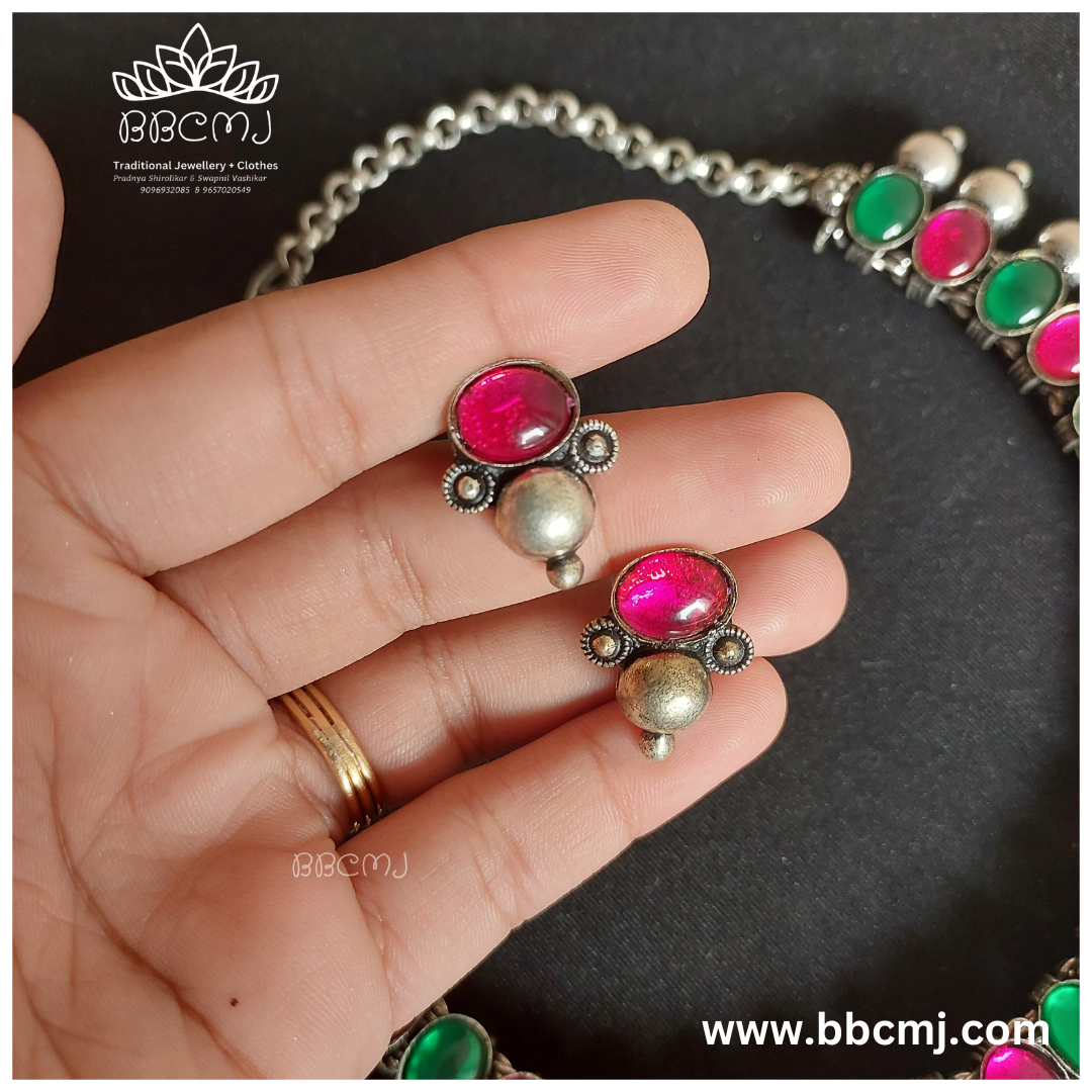 Green Pink stones & Real silver Coated necklace set