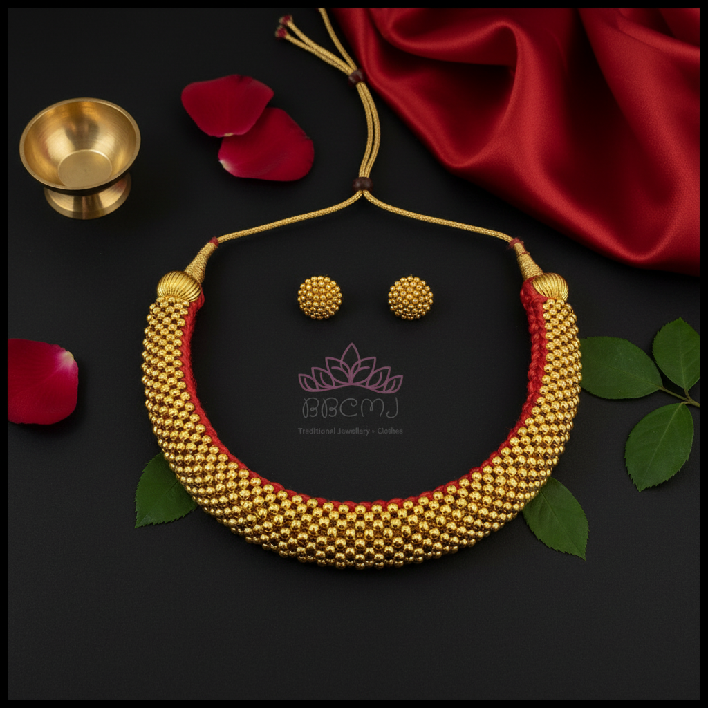 Gold necklace and earrings on a dark surface with red fabric and leaves.