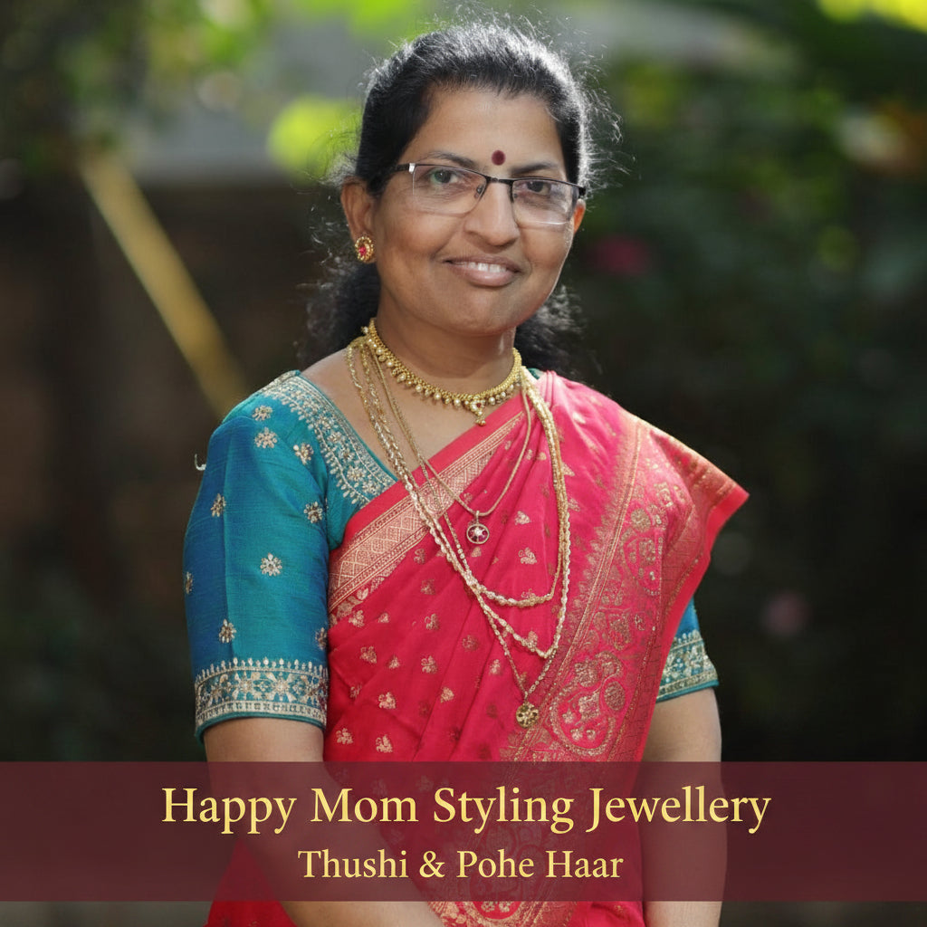Woman wearing a red and blue saree with thushi , pohe haar jewelry against a blurred natural background