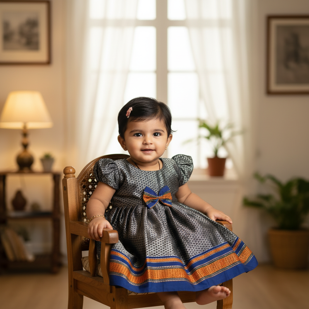 A knee-length grey frock with a bow front and belt back, adorned with a floral pattern and a butterfly graphic.