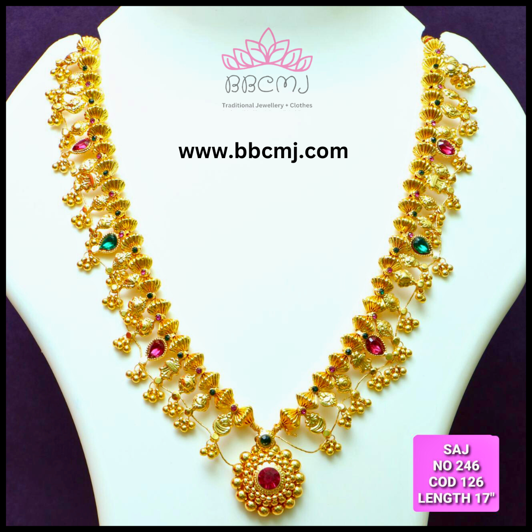 A 1gm gold coated 20 pani saaj necklace with matching earrings, displayed on a mannequin, with intricate designs and colorful stones.