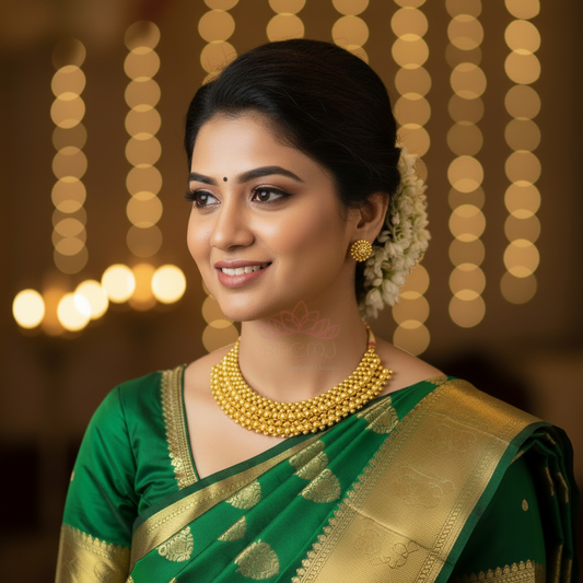 Woman in a green saree with gold border and 1gm gold jewelry against a warm bokeh background