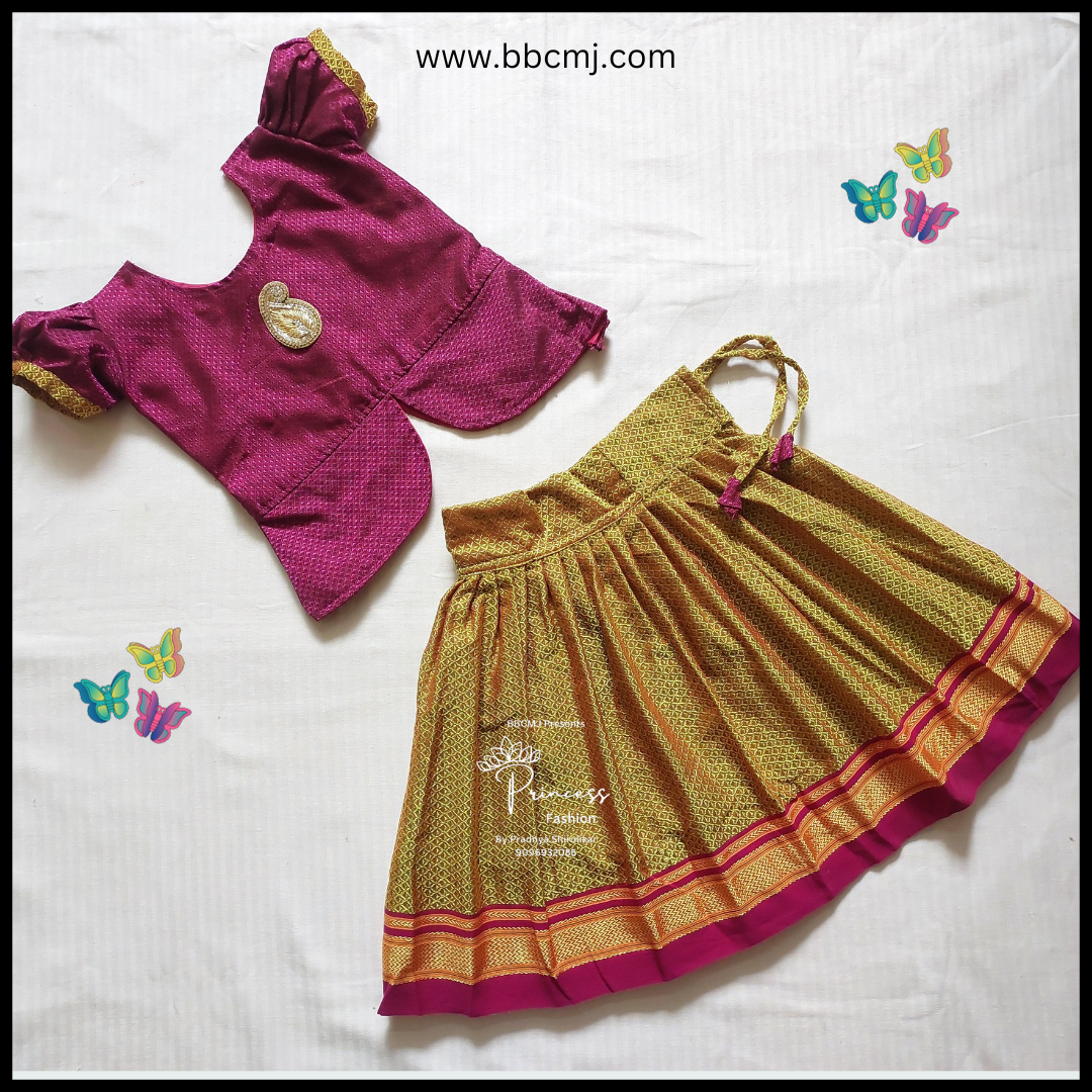 Traditional South Indian girl's attire with parrot green and pink parkar polka, displayed on a white background with decorative butterflies around.