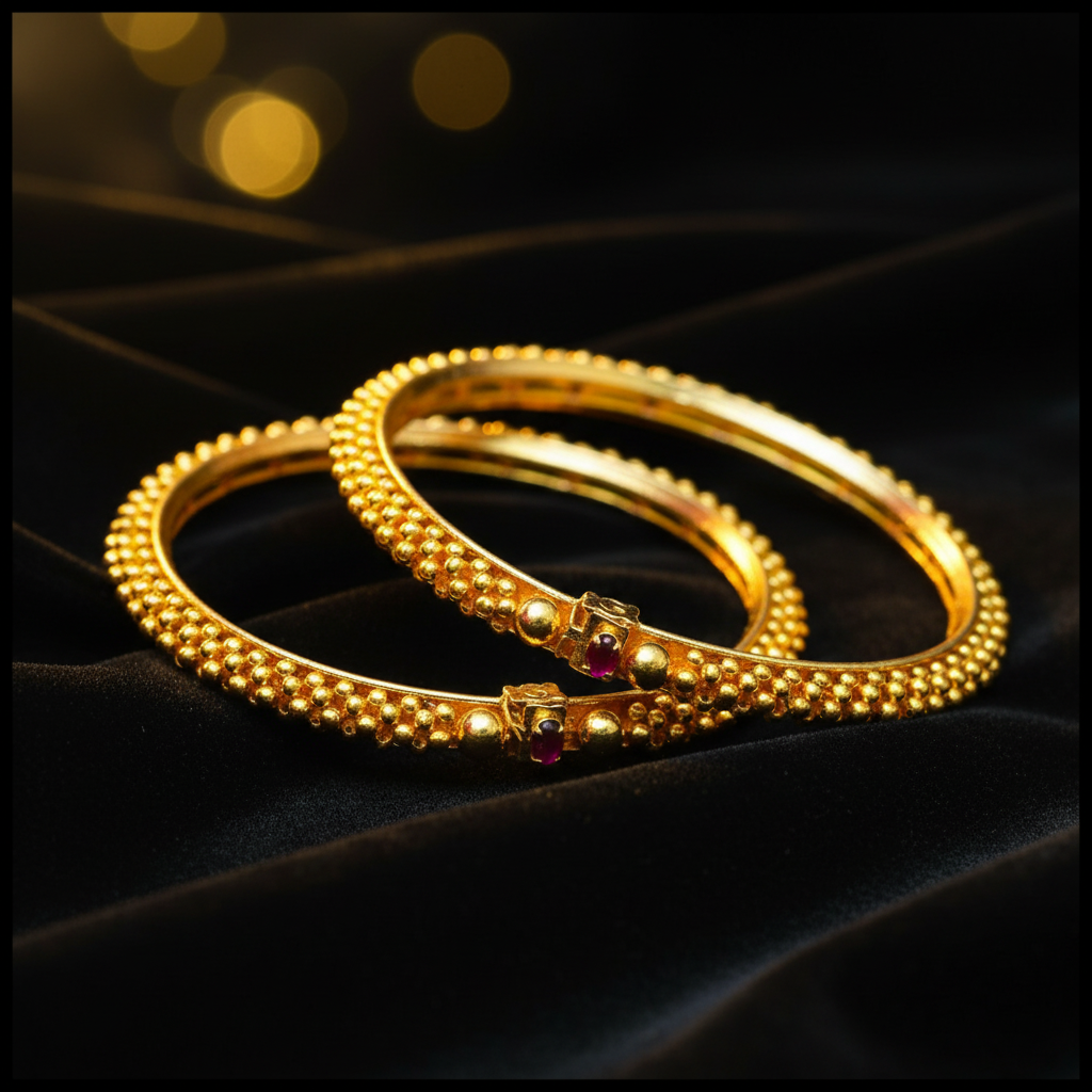 A pair of gold-colored Thushi bangles with intricate design, marked with a brand name and phone number.
