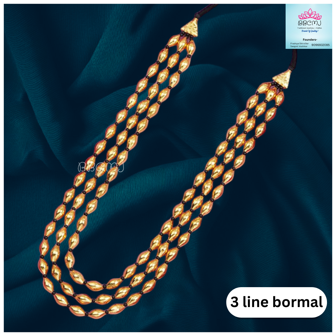 A three-line gold-coated bormal necklace with matching earrings displayed against a blue background.