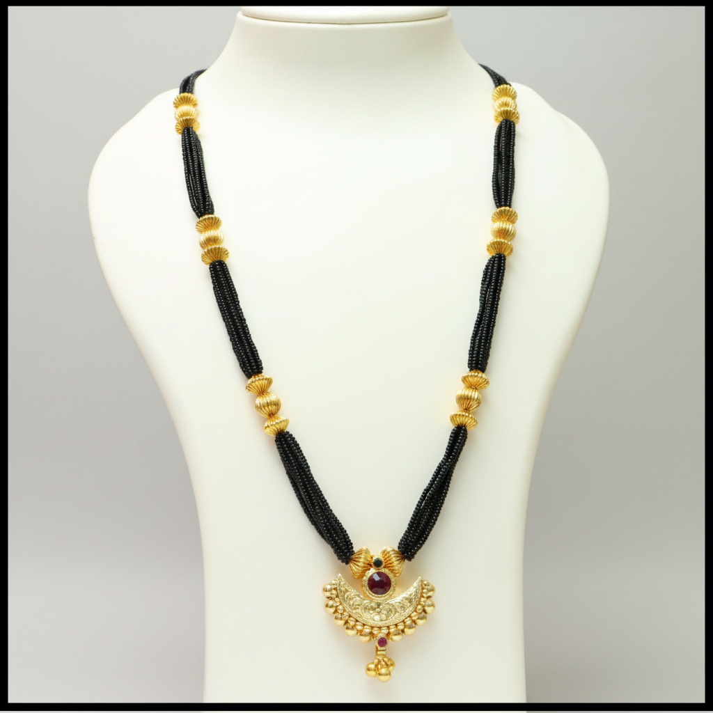 Black beaded Mangalsutra with gold chandrakor pendent