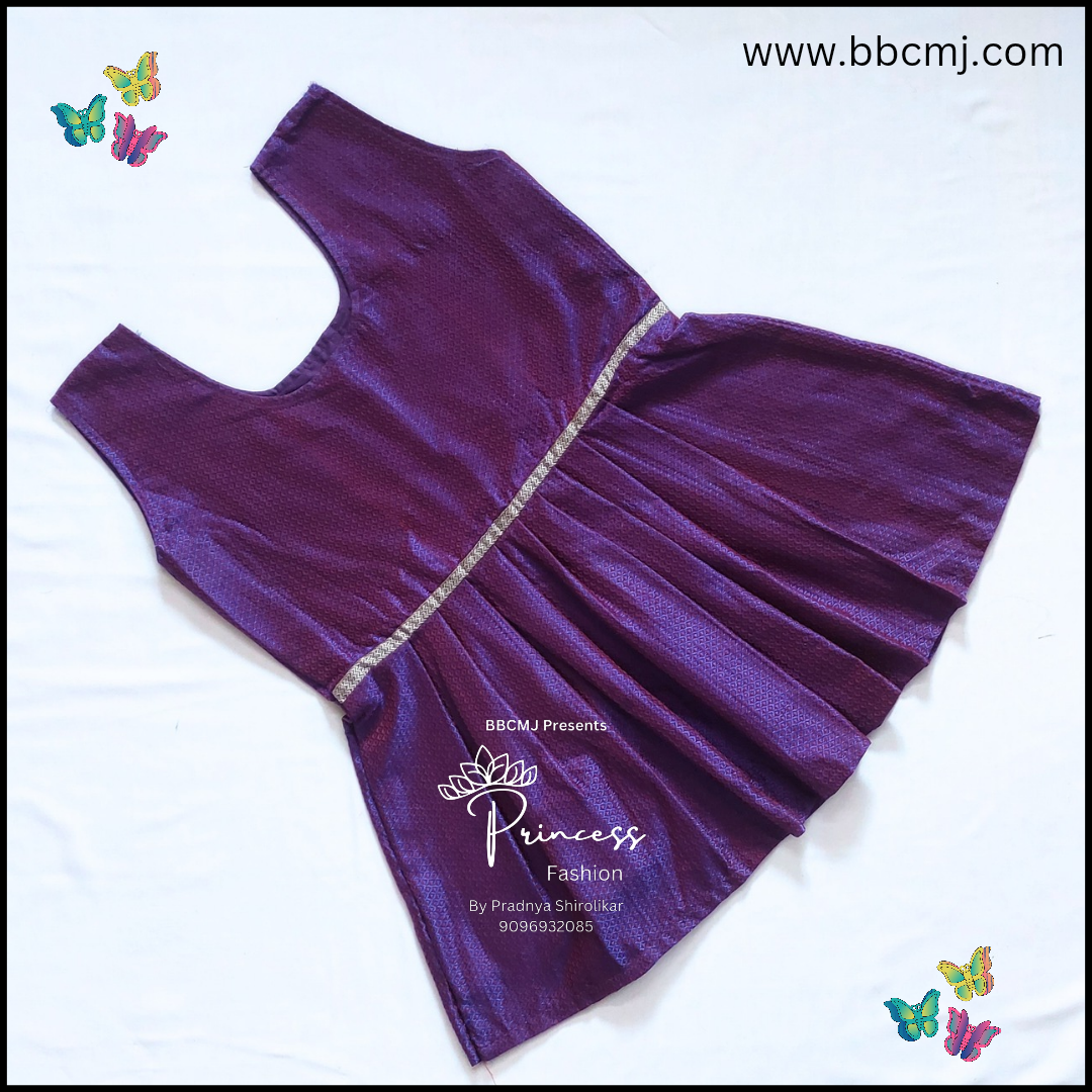 A purple short top with a round neckline and sleeveless design, featuring a pleated skirt and decorative silver trim at the waist.