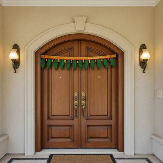 Wooden front door with decorative garland, flanked by two wall lights, in a well-lit hallway.