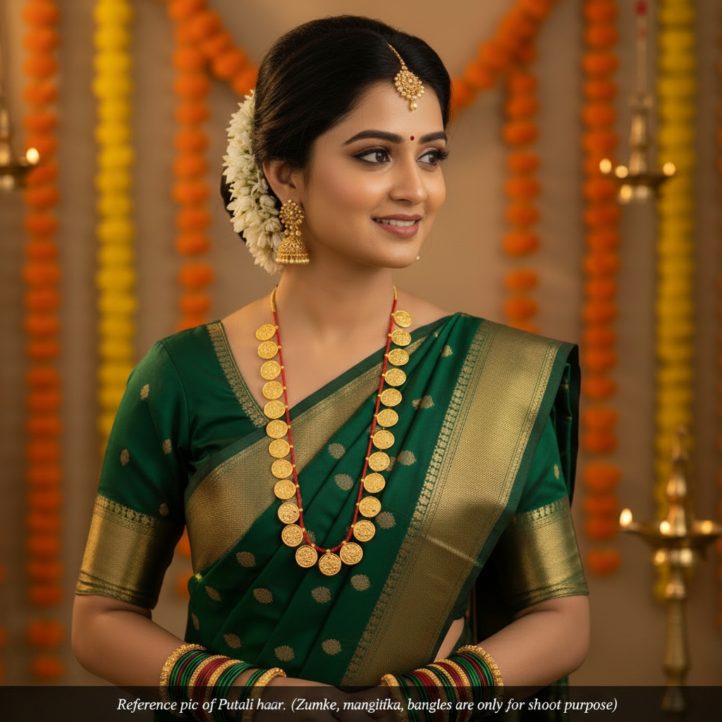 A woman wearing a dark green and gold traditional Indian saree, adorned with gold coin necklaces, bangles, and a floral hair ornament, set against a warm background with orange marigold garlands.