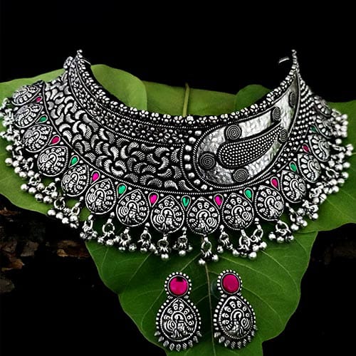 Monika Broad chokar set in real silver coated