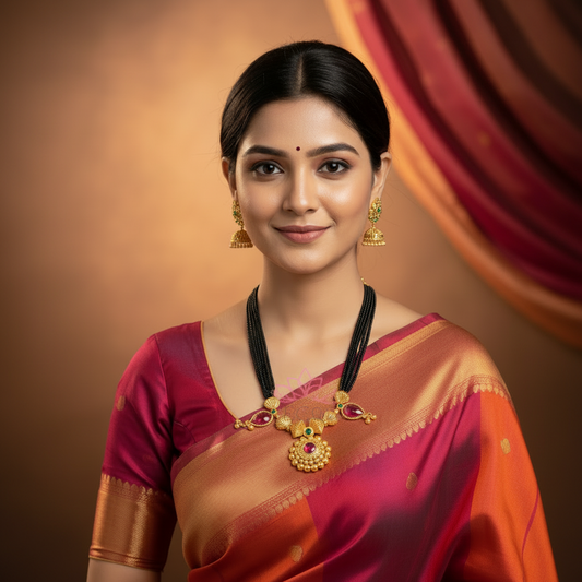 A woman wearing a rich magenta and orange silk saree with gold zari borders, styled with a black beaded necklace and gold earrings against a warm brown and red draped backdrop.