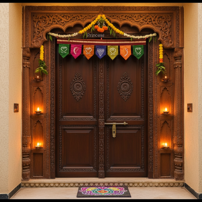 A 3-foot hand-painted toran with multicolor khun fabric and cotton lining, displayed on a white background.