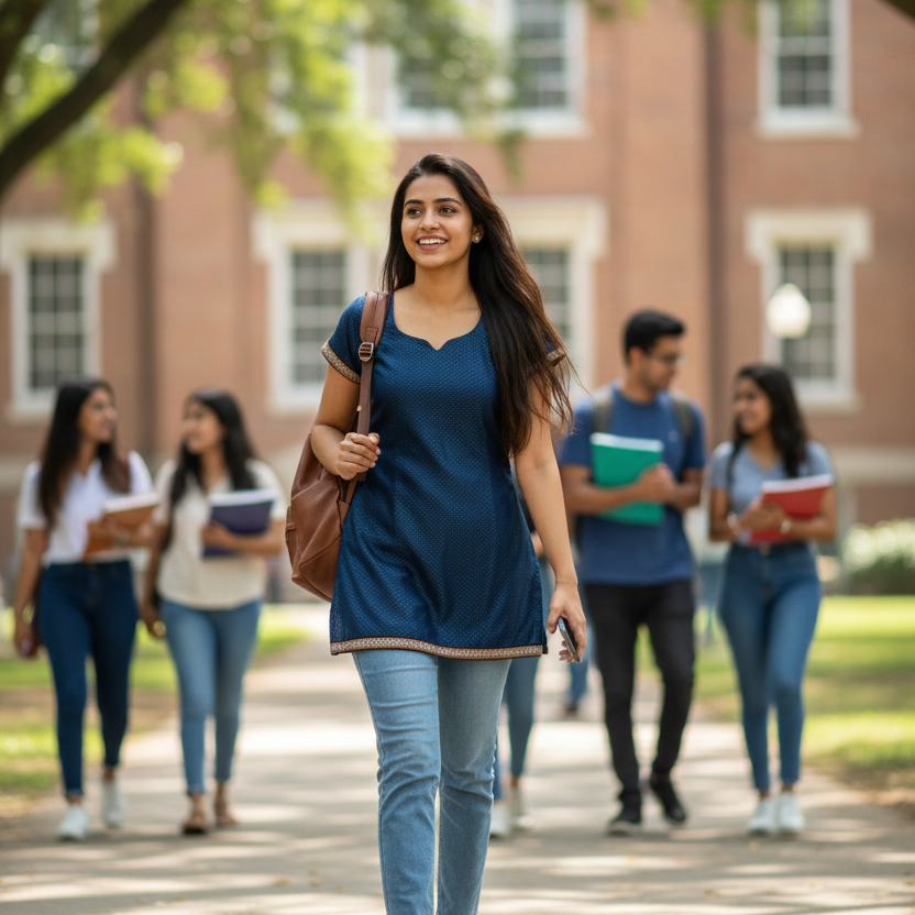 girl walking on a college campus with friends in the background
