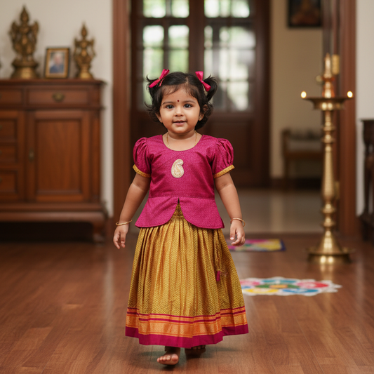 Young girl in a pink and yellow traditional outfit standing on a wooden floor.