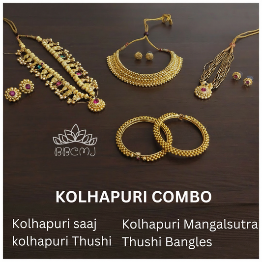 An assortment of gold-coated jewelry including Thushi , saaj, earrings, and bangles with decorative stones, displayed on a dark background with the 'BBCMJ' brand logo.