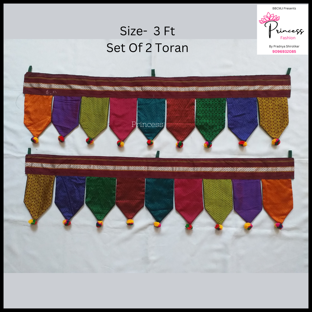 Two multicolor Reshim Khun Toran hanging decor items with a geometric pattern and tassel details.