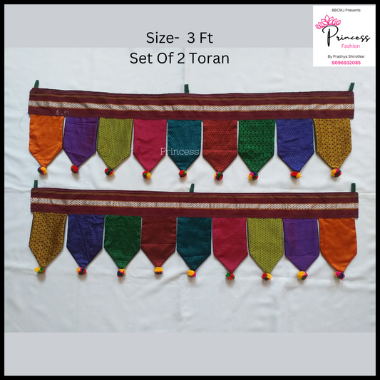 Two multicolor Reshim Khun Toran hanging decor items with a geometric pattern and tassel details.